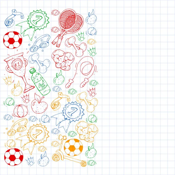 Векторний малюнок зі спортивними елементами. Фітнес, ігри, вправи. Піктограми Doodle у стилі малювання дітей — стоковий вектор