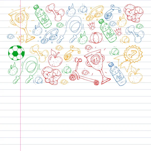 Διάνυσμα μοτίβο με αθλητικά στοιχεία. Γυμναστική, παιχνίδια, ασκήσεις. Doodle εικονίδια σε παιδικό στυλ σχεδίασης — Διανυσματικό Αρχείο