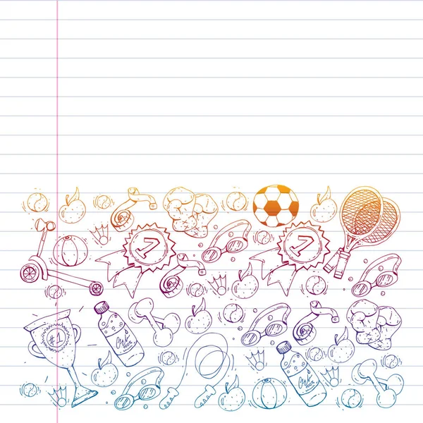 Patrón vectorial con elementos deportivos. Fitness, juegos, ejercicios. Doodle iconos en el estilo de dibujo de los niños — Archivo Imágenes Vectoriales