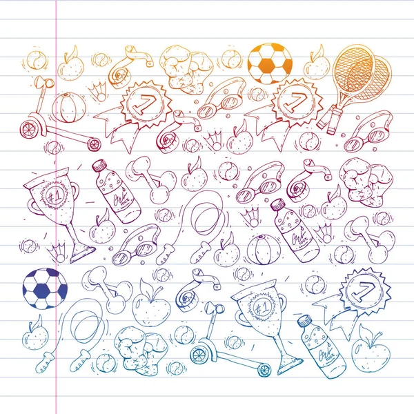Patrón vectorial con elementos deportivos. Fitness, juegos, ejercicios. Doodle iconos en el estilo de dibujo de los niños — Archivo Imágenes Vectoriales