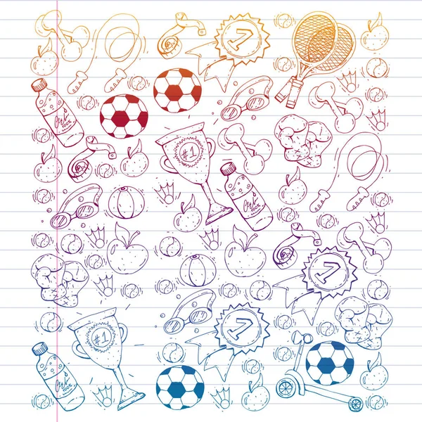 Patrón vectorial con elementos deportivos. Fitness, juegos, ejercicios. Doodle iconos en el estilo de dibujo de los niños — Vector de stock