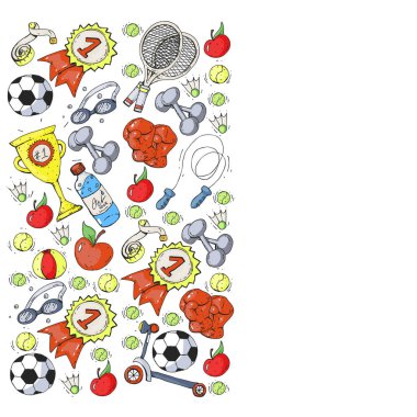 Spor unsurlarıyla vektör deseni. Fitness, oyunlar, egzersizler. Çocukların çizim tarzında karalama simgeleri