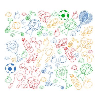 Spor unsurlarıyla vektör deseni. Fitness, oyunlar, egzersizler. Çocukların çizim tarzında karalama simgeleri