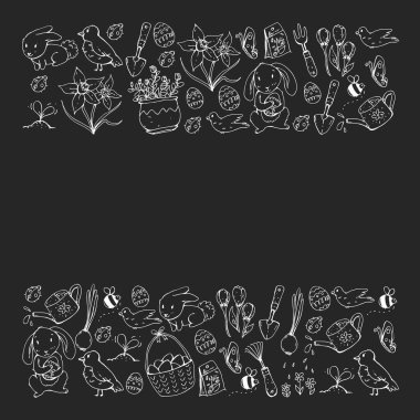 Paskalya ve bahar elemanları ile vektör deseni. Sepette yumurta, tavşan, çiçekler, kuşlar