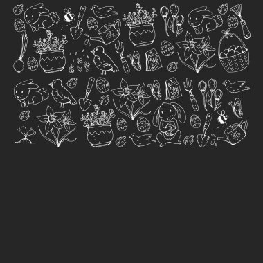 Paskalya ve bahar elemanları ile vektör deseni. Sepette yumurta, tavşan, çiçekler, kuşlar