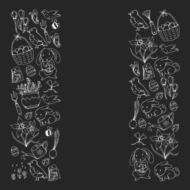 Paskalya ve bahar elemanları ile vektör deseni. Sepette yumurta, tavşan, çiçekler, kuşlar