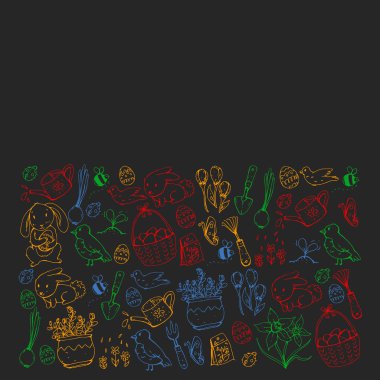 Paskalya ve bahar elemanları ile vektör deseni. Sepette yumurta, tavşan, çiçekler, kuşlar