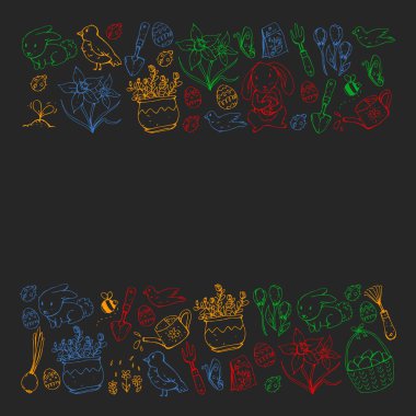 Paskalya ve bahar elemanları ile vektör deseni. Sepette yumurta, tavşan, çiçekler, kuşlar