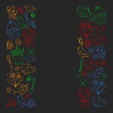 Paskalya ve bahar elemanları ile vektör deseni. Sepette yumurta, tavşan, çiçekler, kuşlar