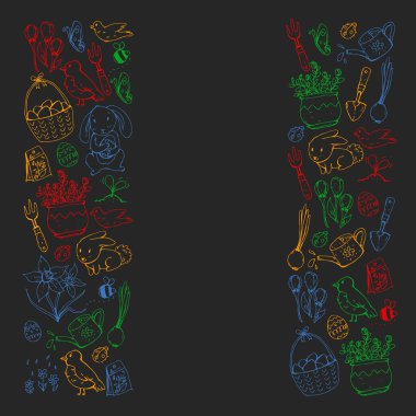 Paskalya ve bahar elemanları ile vektör deseni. Sepette yumurta, tavşan, çiçekler, kuşlar