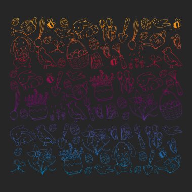 Paskalya ve bahar elemanları ile vektör deseni. Sepette yumurta, tavşan, çiçekler, kuşlar