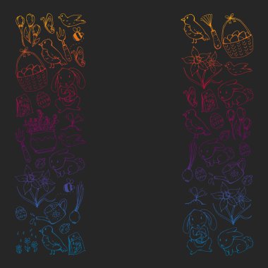 Paskalya ve bahar elemanları ile vektör deseni. Sepette yumurta, tavşan, çiçekler, kuşlar