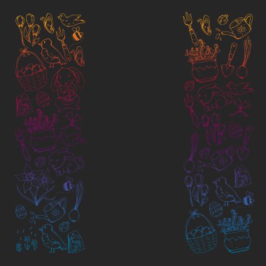 Paskalya ve bahar elemanları ile vektör deseni. Sepette yumurta, tavşan, çiçekler, kuşlar