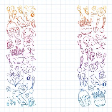 Paskalya ve bahar elemanları ile vektör deseni. Sepette yumurta, tavşan, çiçekler, kuşlar