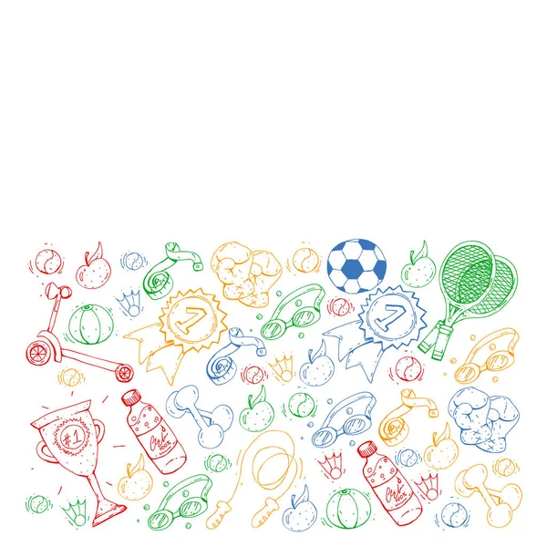 Vektorový vzorec se sportovními prvky. Fitness, hry, cvičení. Doodle ikony v dětském stylu kreslení — Stockový vektor