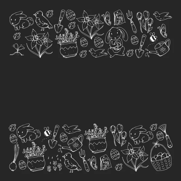 Paskalya ve bahar elemanları ile vektör deseni. Sepette yumurta, tavşan, çiçekler, kuşlar