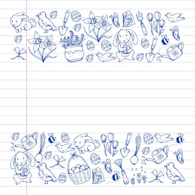 Paskalya ve bahar elemanları ile vektör deseni. Sepette yumurta, tavşan, çiçekler, kuşlar