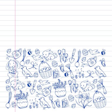 Paskalya ve bahar elemanları ile vektör deseni. Sepette yumurta, tavşan, çiçekler, kuşlar