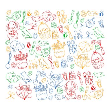 Paskalya ve bahar elemanları ile vektör deseni. Sepette yumurta, tavşan, çiçekler, kuşlar