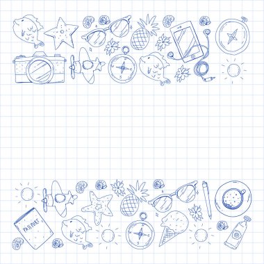 Seyahat vektör desen. Macera, plaj, tropikal tasarım.