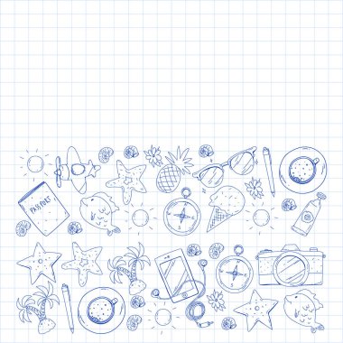 Seyahat vektör desen. Macera, plaj, tropikal tasarım.