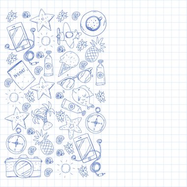 Seyahat vektör desen. Macera, plaj, tropikal tasarım.