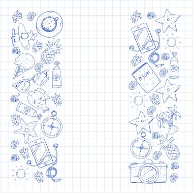 Seyahat vektör desen. Macera, plaj, tropikal tasarım.