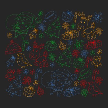 Noel kış partisi. Yeni Yılınız Kutlu Olsun. Şakrak kuşu, Noel Baba, kardan adam, geyik. Hediyeler ve şeker.