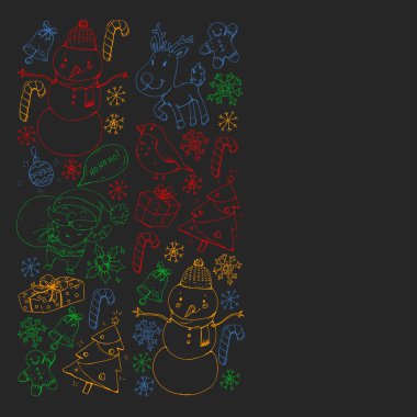 Noel kış partisi. Yeni Yılınız Kutlu Olsun. Şakrak kuşu, Noel Baba, kardan adam, geyik. Hediyeler ve şeker.