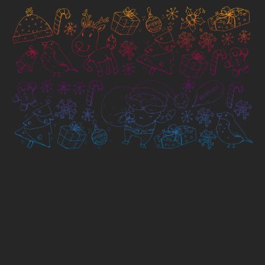 Noel kış partisi. Yeni Yılınız Kutlu Olsun. Şakrak kuşu, Noel Baba, kardan adam, geyik. Hediyeler ve şeker.