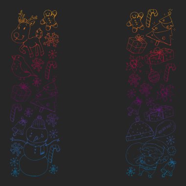 Noel kış partisi. Yeni Yılınız Kutlu Olsun. Şakrak kuşu, Noel Baba, kardan adam, geyik. Hediyeler ve şeker.