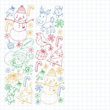 Noel kış partisi. Yeni Yılınız Kutlu Olsun. Şakrak kuşu, Noel Baba, kardan adam, geyik. Hediyeler ve şeker.