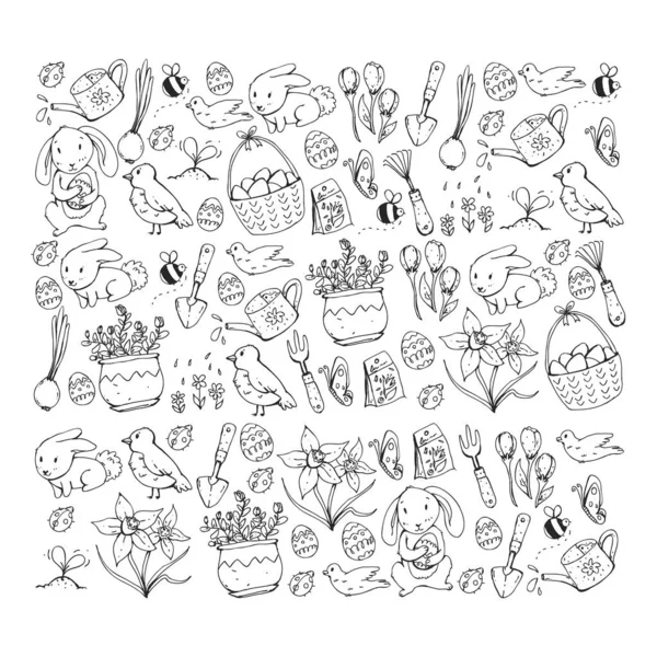 Coloriage. Modèle vectoriel avec éléments de Pâques et de printemps. Oeufs dans le panier, lapin, fleurs, oiseaux — Image vectorielle