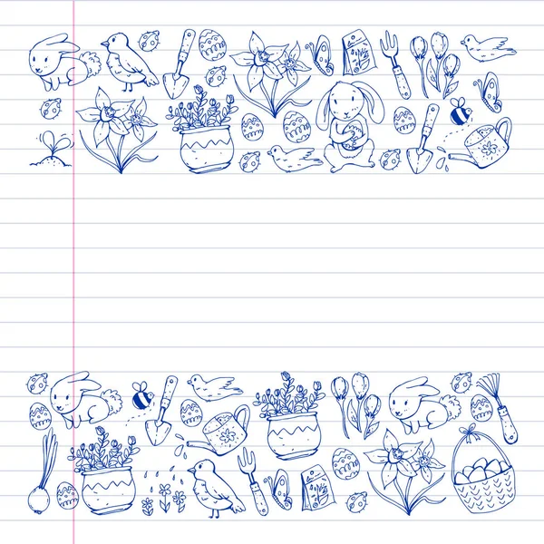 Векторный рисунок с элементами пасхи и весны. Яйца в корзине, кролик, цветы, птицы — стоковый вектор