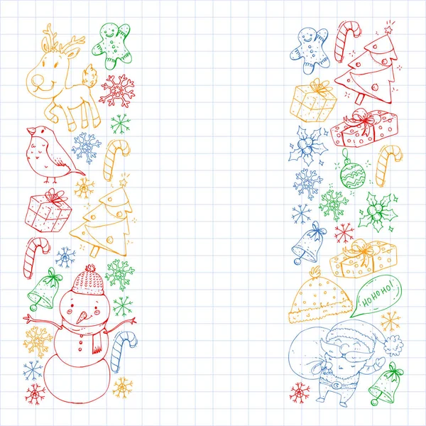 Fiesta de invierno de Navidad. Feliz año nuevo. Bullfinch, Santa Claus, muñeco de nieve, ciervo. Regalos y dulces . — Vector de stock
