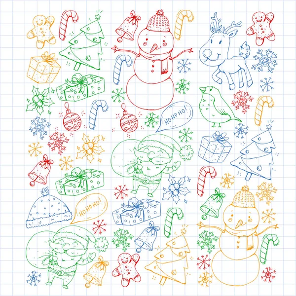 Noël fête d'hiver. Bonne année. Chardonneret, Père Noël, bonhomme de neige, cerf. Présents et bonbons . — Image vectorielle