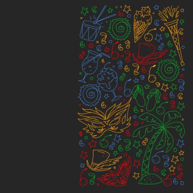 Palmiyeli, plajlı, havai fişekli Brezilya vektör deseni. Brezilya posterler ve afişler için simgeler.