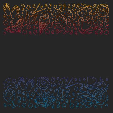 Palmiyeli, plajlı, havai fişekli Brezilya vektör deseni. Brezilya posterler ve afişler için simgeler.