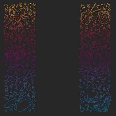 Palmiyeli, plajlı, havai fişekli Brezilya vektör deseni. Brezilya posterler ve afişler için simgeler.