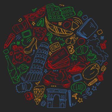 İtalyanca öğrenme. İtalya 'nın simgeleri ve ulusal sembolleriyle vektör deseni.