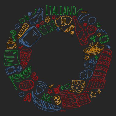 İtalyanca öğrenme. İtalya 'nın simgeleri ve ulusal sembolleriyle vektör deseni.