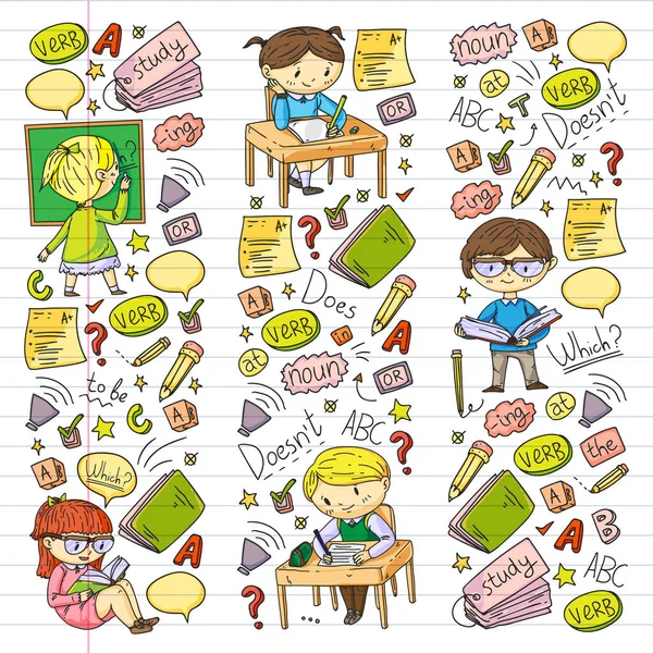 English school for children. Learn language. Education vector illustration. Kids drawing doodle style image. — Stock Vector