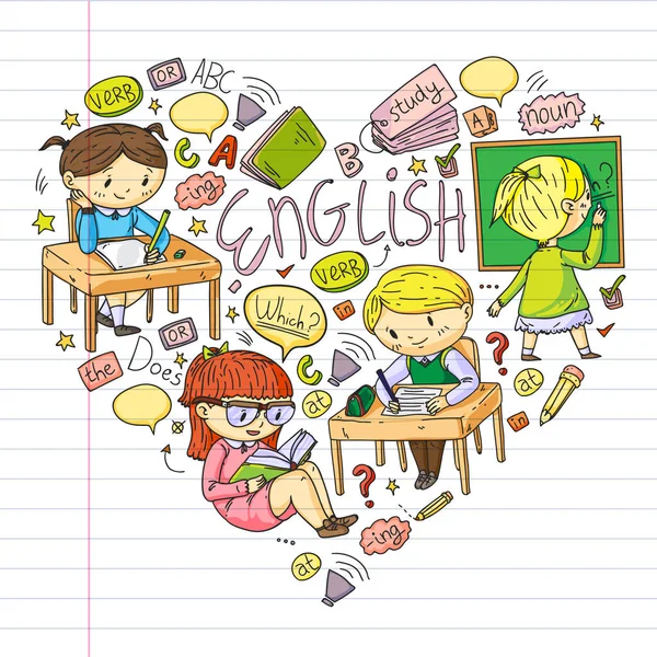 Школа английского языка для детей. Изучайте язык. Векторная иллюстрация образования. Детский рисунок в стиле каракулей . — стоковый вектор