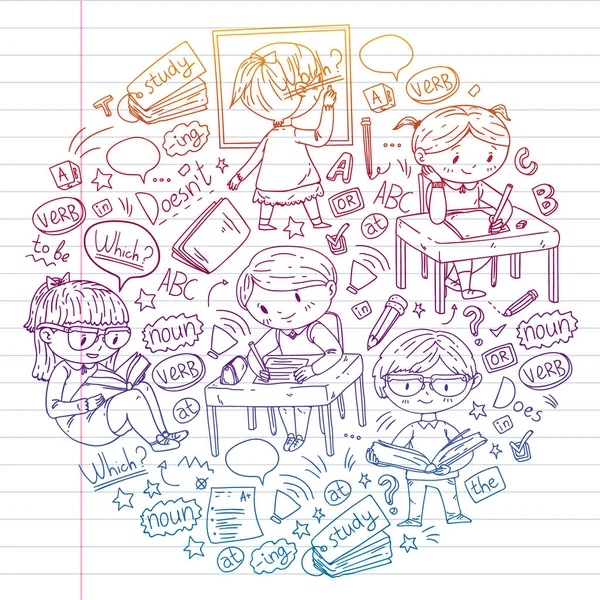Scuola di inglese per bambini. Impara la lingua. Illustrazione dei vettori educativi. Bambini disegno immagine in stile doodle . — Vettoriale Stock
