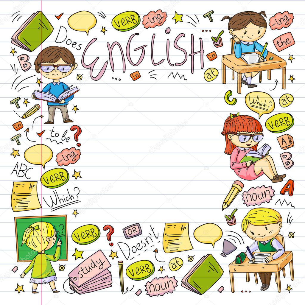 English school for children. Learn language. Education vector illustration. Kids drawing doodle style image.