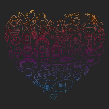 Vektör simgeleri ve öğeleri. Anaokulu, oyuncaklar. Küçük çocuklar oynamak, öğrenmek, birlikte büyümek.