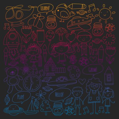 Vektör simgeleri ve öğeleri. Anaokulu, oyuncaklar. Küçük çocuklar oynamak, öğrenmek, birlikte büyümek.