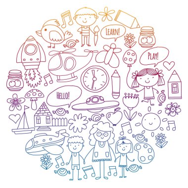 Vektör simgeleri ve öğeleri. Anaokulu, oyuncaklar. Küçük çocuklar oynamak, öğrenmek, birlikte büyümek.