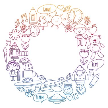 Vektör simgeleri ve öğeleri. Anaokulu, oyuncaklar. Küçük çocuklar oynamak, öğrenmek, birlikte büyümek.