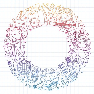 Çocuklar müzik çalın. Müzik eğitimi, tiyatro, okul.